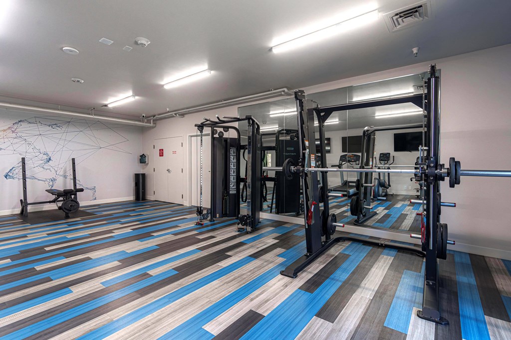 a gym with weights and machines on the floor and a white wall